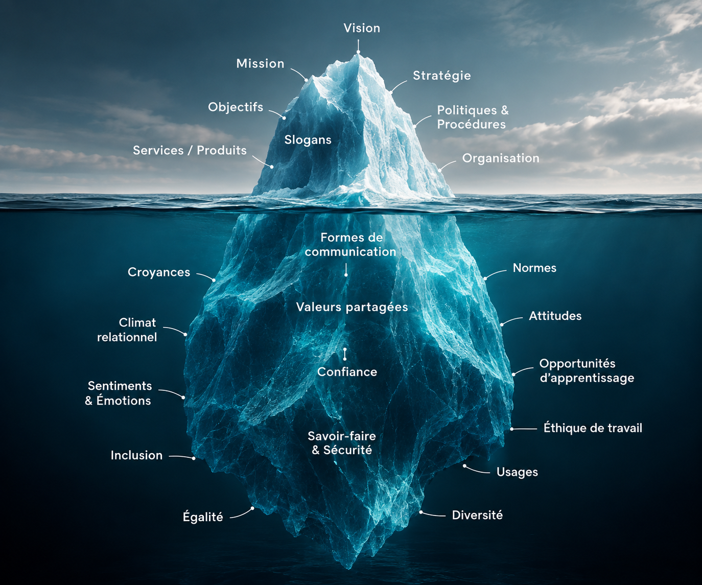 Modèle culturel de l’iceberg : dimensions visibles et invisibles d’une organisation
