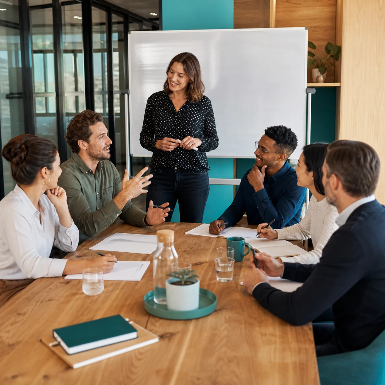 Atelier de formation réunissant six professionnels dans une salle de réunion